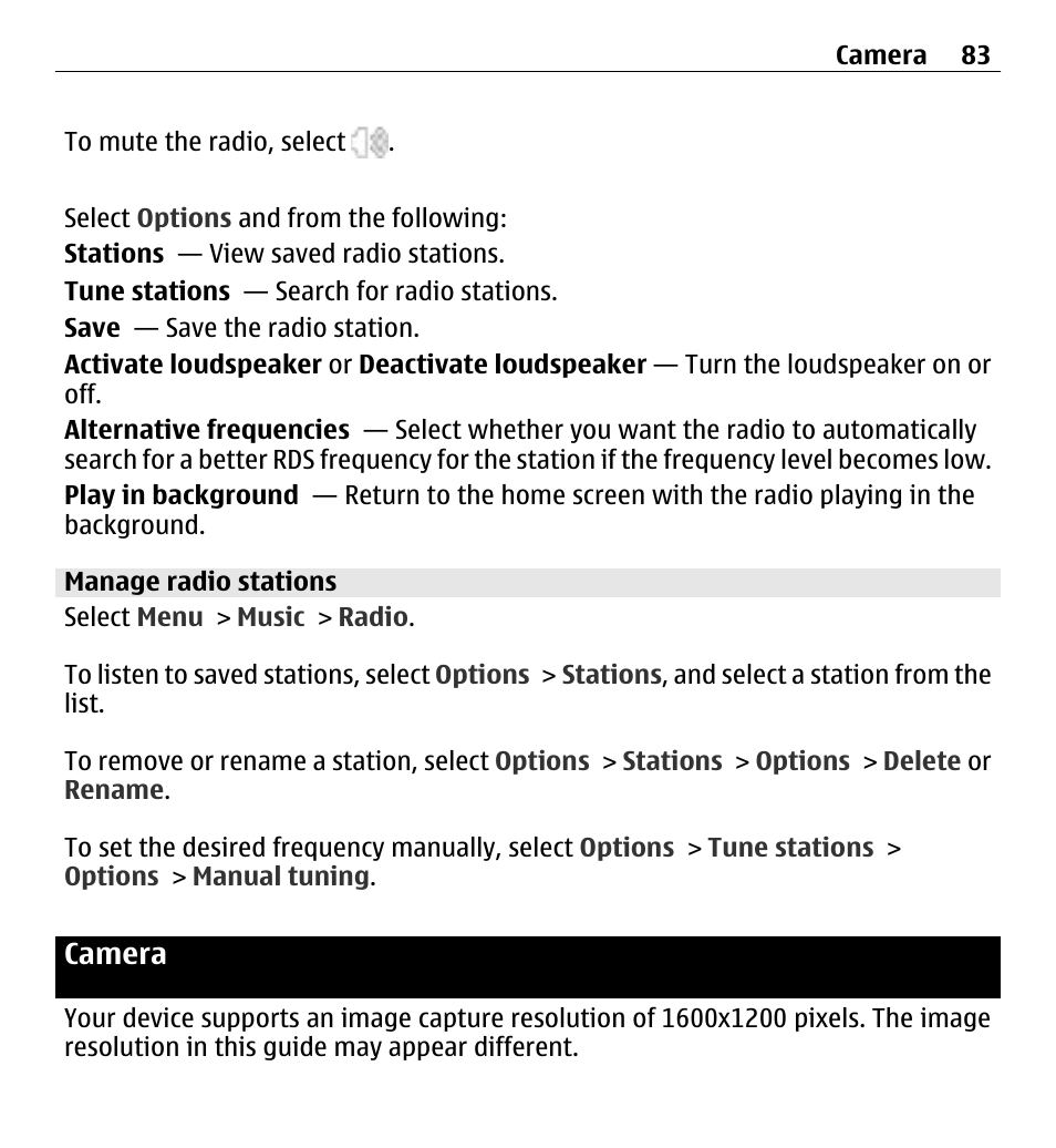 Manage radio stations, Camera | Nokia 5250 User Manual | Page 83 / 156