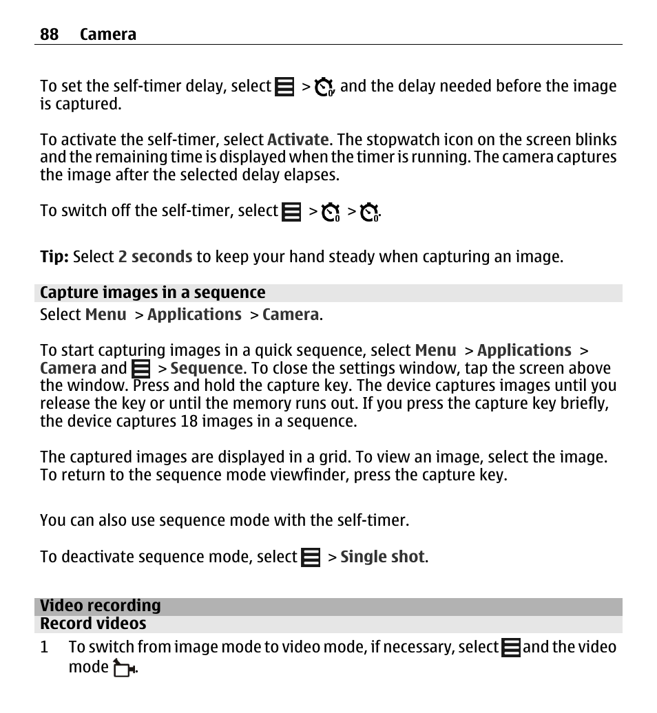 Capture images in a sequence, Video recording, Record videos | Nokia 5250 User Manual | Page 88 / 156