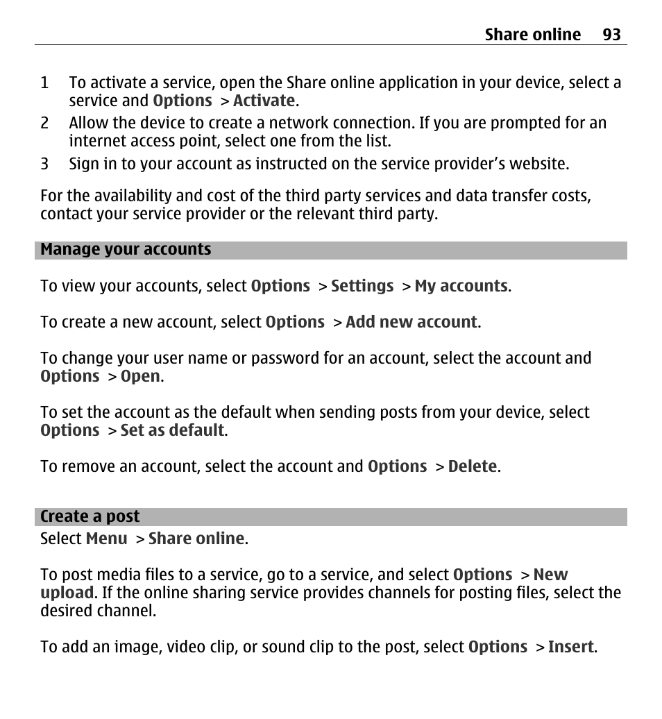 Manage your accounts, Create a post | Nokia 5250 User Manual | Page 93 / 156