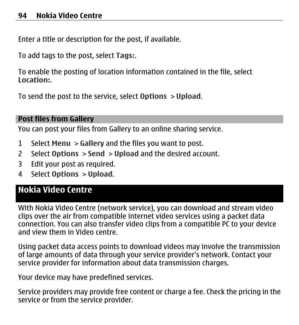 Post files from gallery, Nokia video centre | Nokia 5250 User Manual | Page 94 / 156