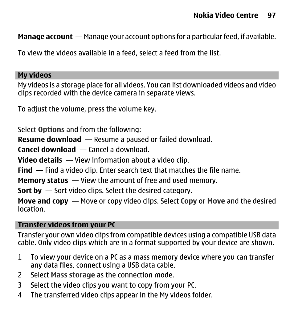 My videos, Transfer videos from your pc | Nokia 5250 User Manual | Page 97 / 156
