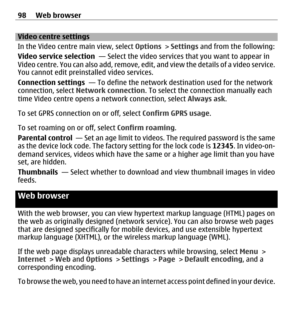 Video centre settings, Web browser | Nokia 5250 User Manual | Page 98 / 156
