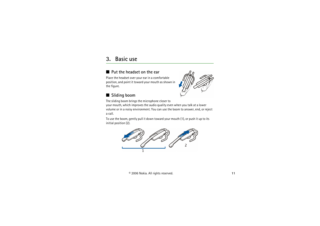 Basic use, Put the headset on the ear, Sliding boom | Put the headset on the ear sliding boom | Nokia BH-900 User Manual | Page 11 / 16