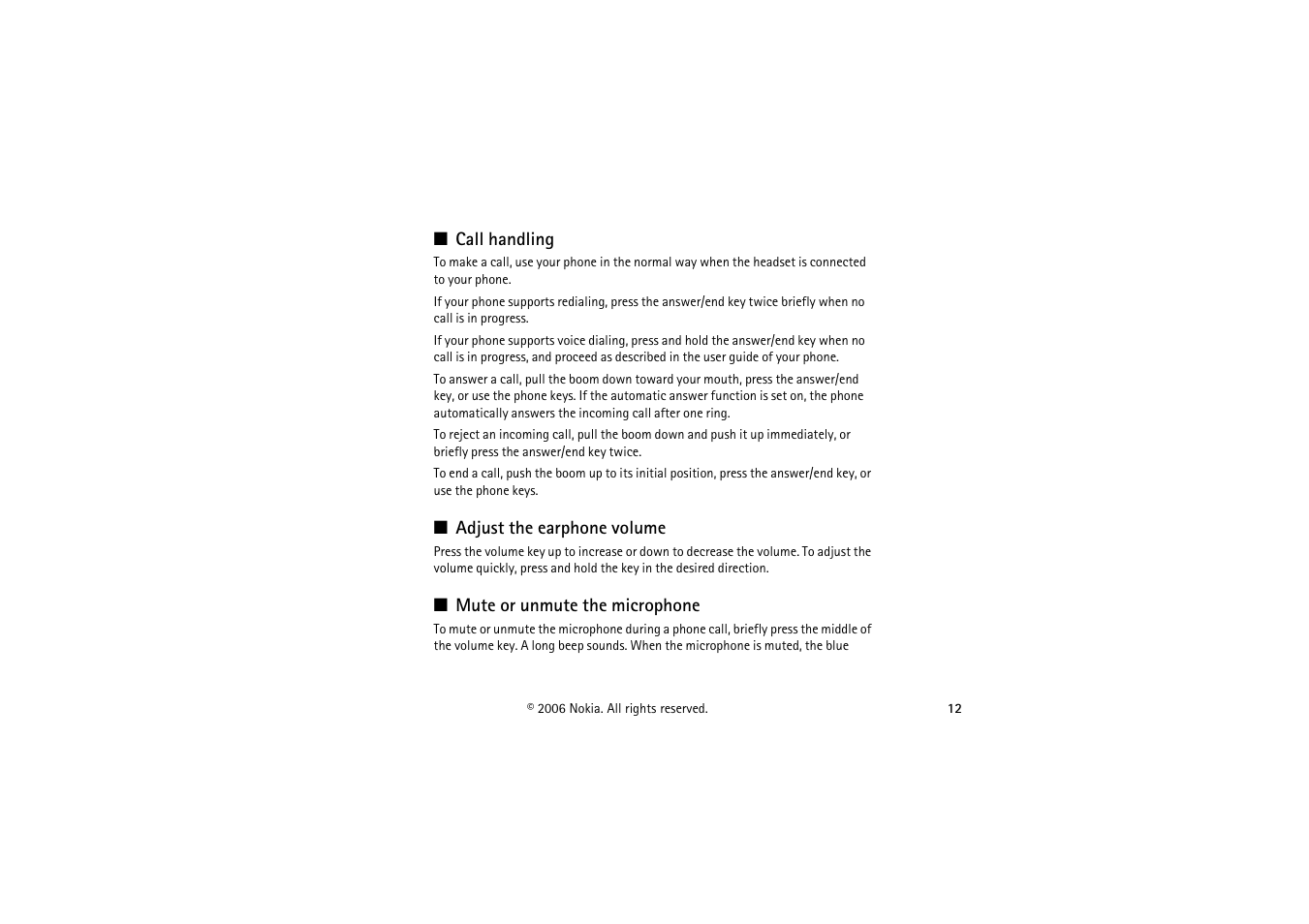 Call handling, Adjust the earphone volume, Mute or unmute the microphone | Nokia BH-900 User Manual | Page 12 / 16