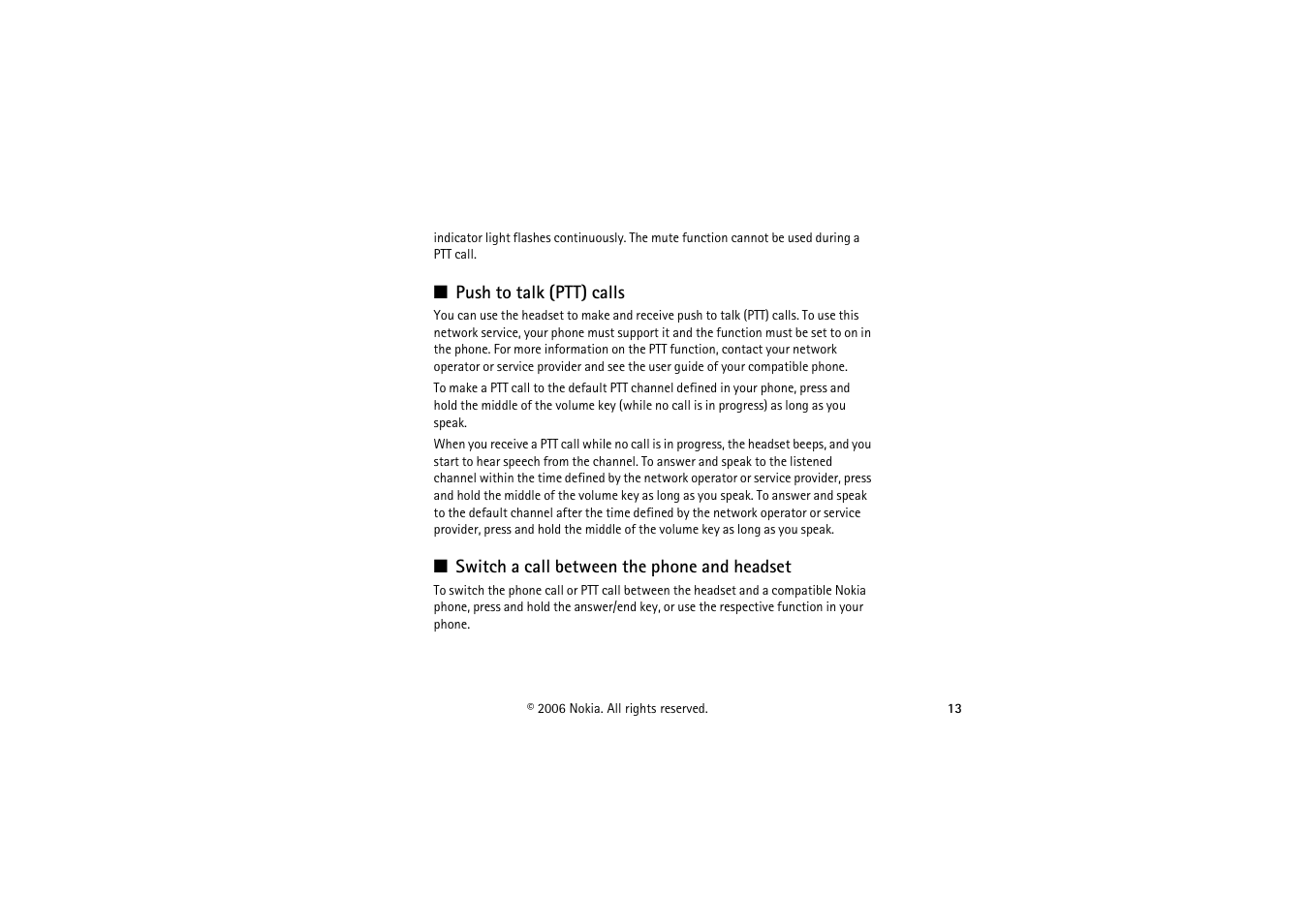 Push to talk (ptt) calls, Switch a call between the phone and headset | Nokia BH-900 User Manual | Page 13 / 16