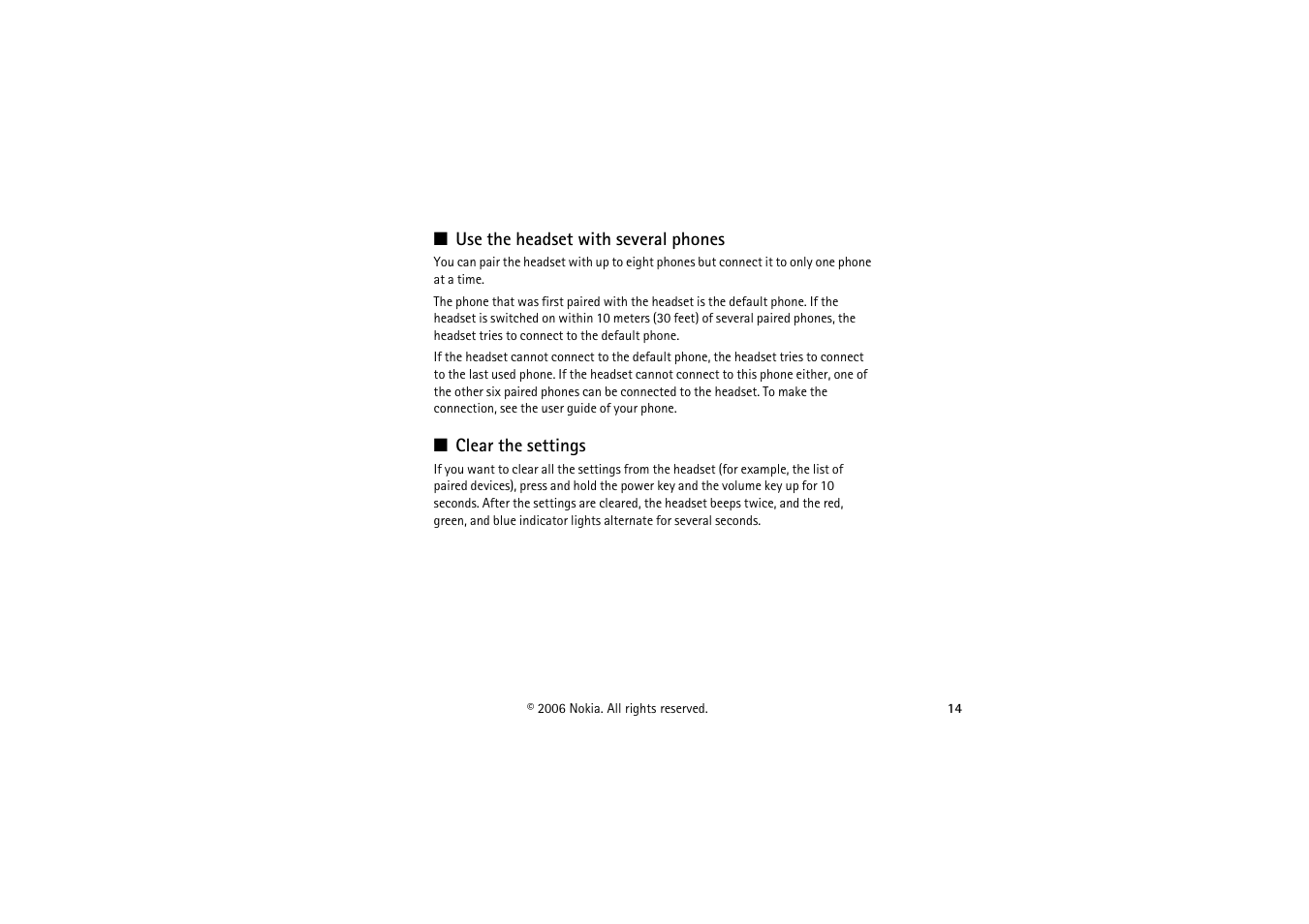 Use the headset with several phones, Clear the settings | Nokia BH-900 User Manual | Page 14 / 16