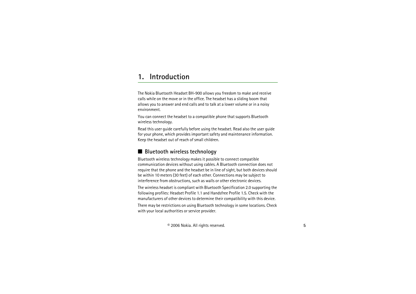 Introduction, Bluetooth wireless technology | Nokia BH-900 User Manual | Page 5 / 16