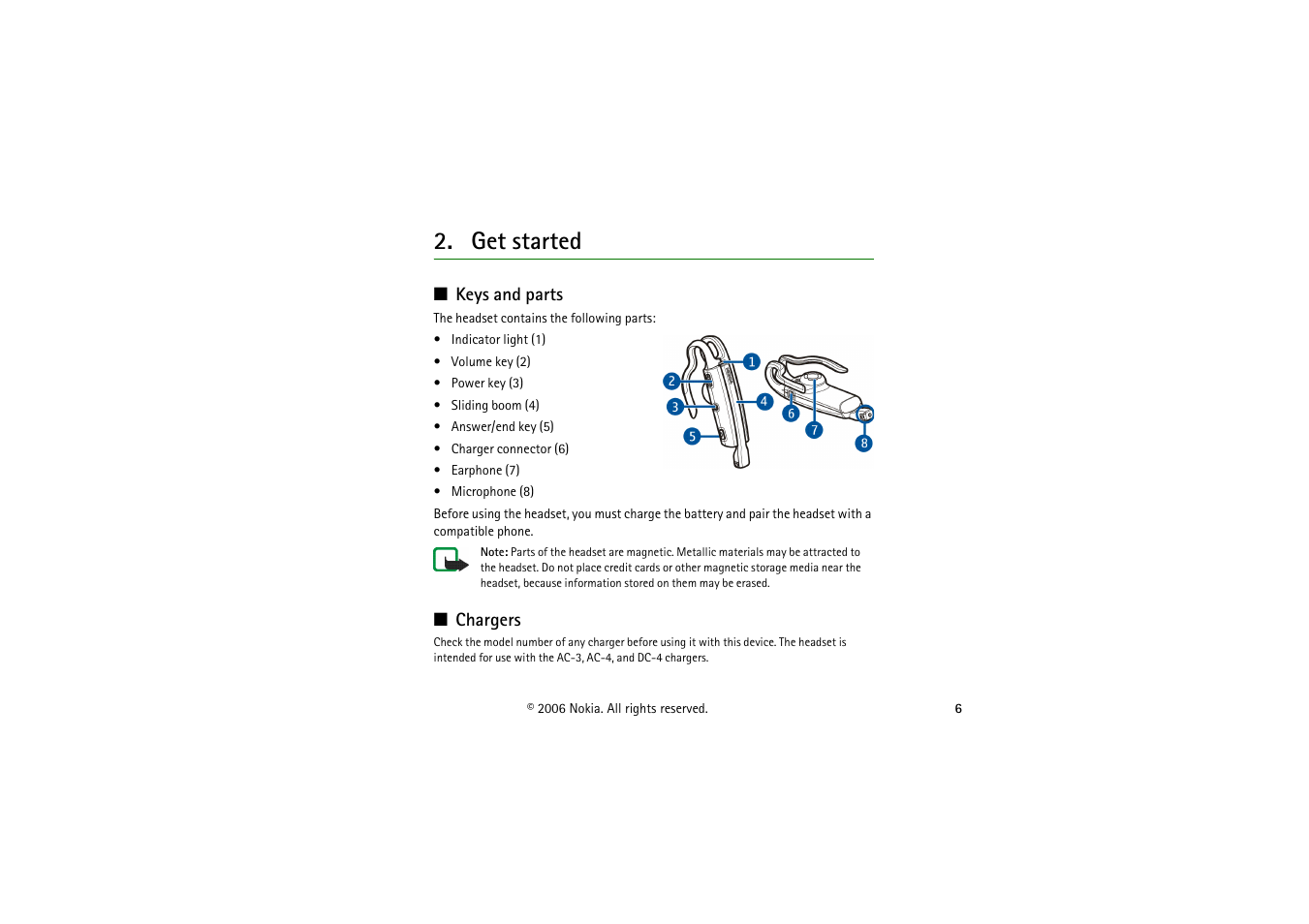 Get started, Keys and parts, Chargers | Keys and parts chargers | Nokia BH-900 User Manual | Page 6 / 16