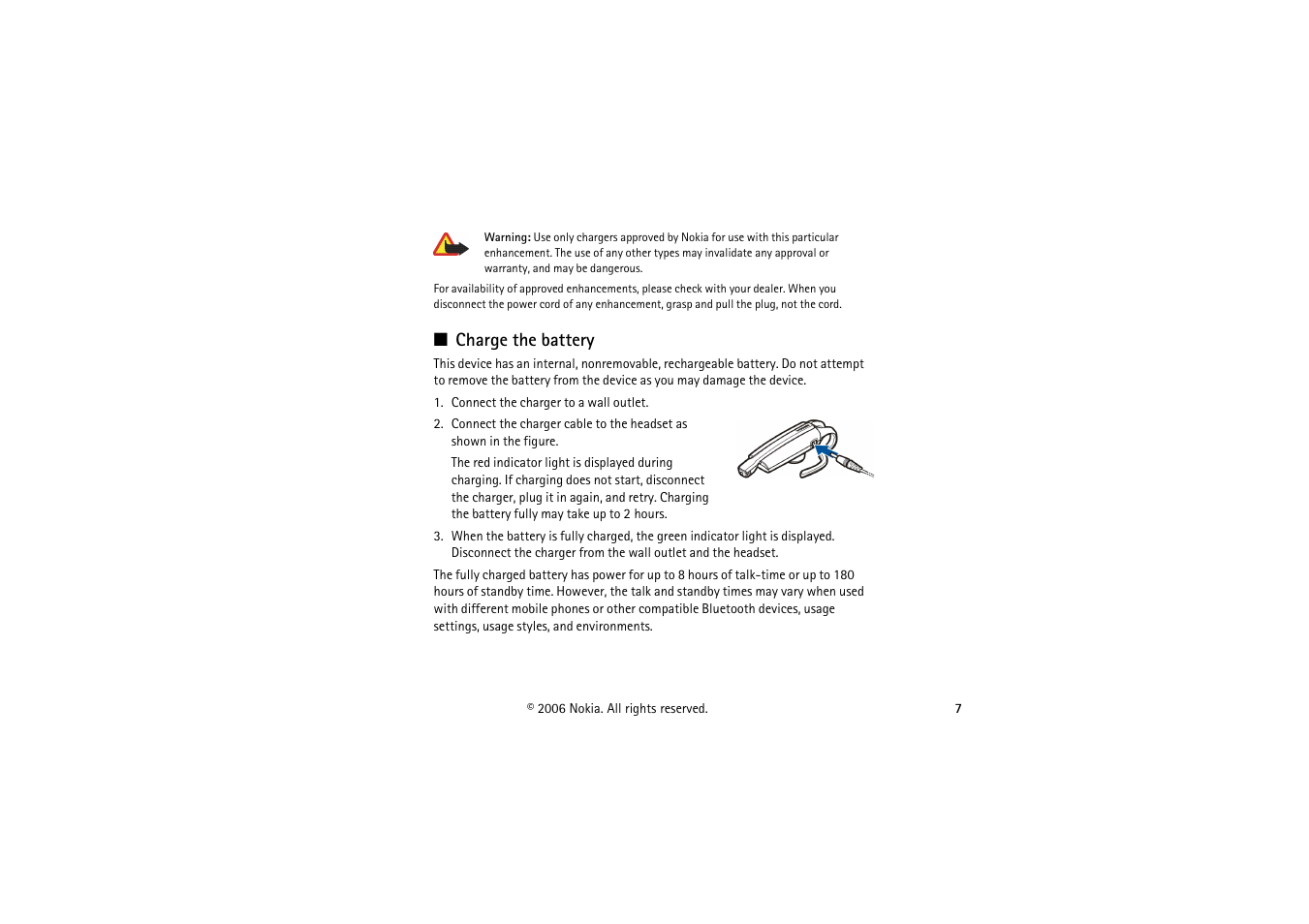 Charge the battery | Nokia BH-900 User Manual | Page 7 / 16