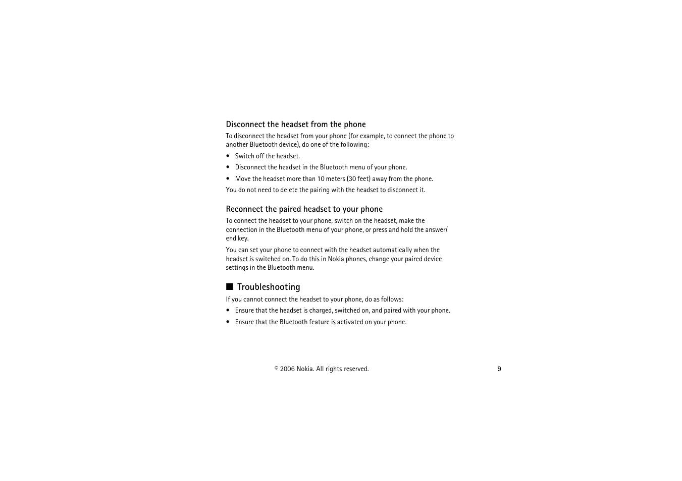 Disconnect the headset from the phone, Reconnect the paired headset to your phone, Troubleshooting | Nokia BH-900 User Manual | Page 9 / 16