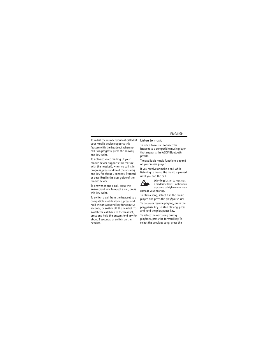 Listen to music | Nokia Bluetooth Stereo Headset BH-214 User Manual | Page 8 / 12