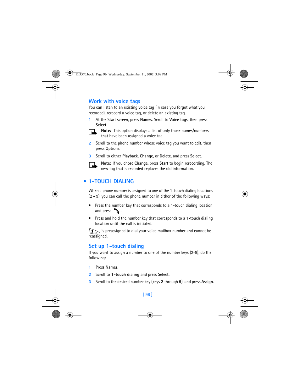 Work with voice tags, Touch dialing, Set up 1-touch dialing | Nokia 3570 User Manual | Page 104 / 192