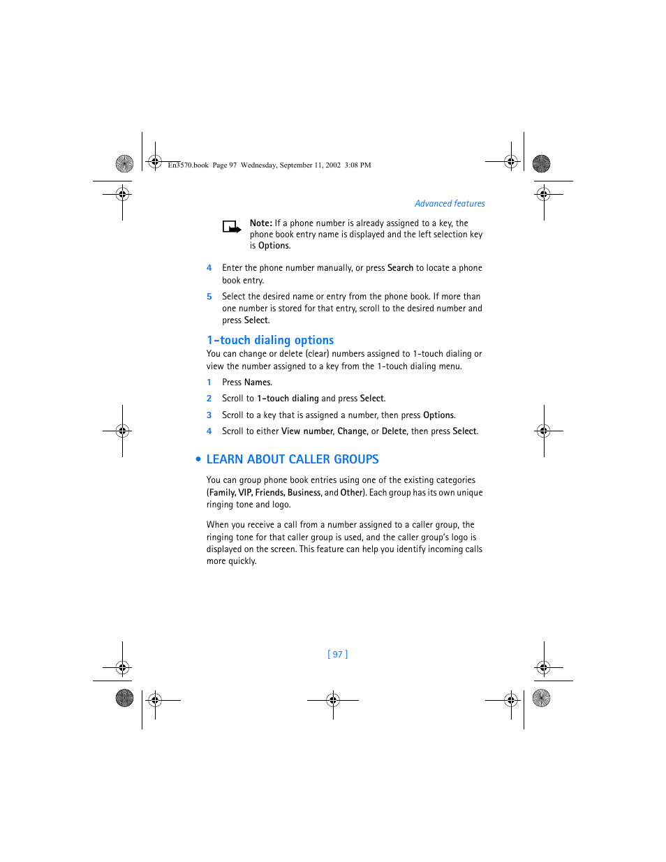 Touch dialing options, Learn about caller groups | Nokia 3570 User Manual | Page 105 / 192