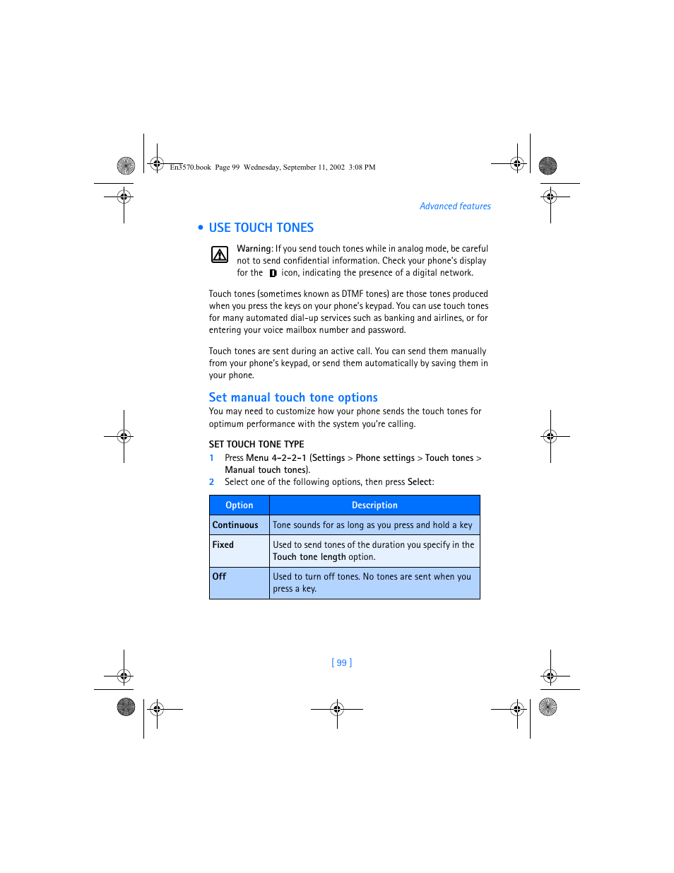Use touch tones, Set manual touch tone options | Nokia 3570 User Manual | Page 107 / 192