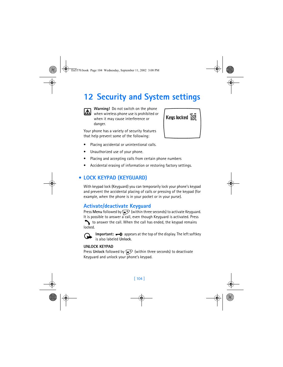 12 security and system settings | Nokia 3570 User Manual | Page 112 / 192