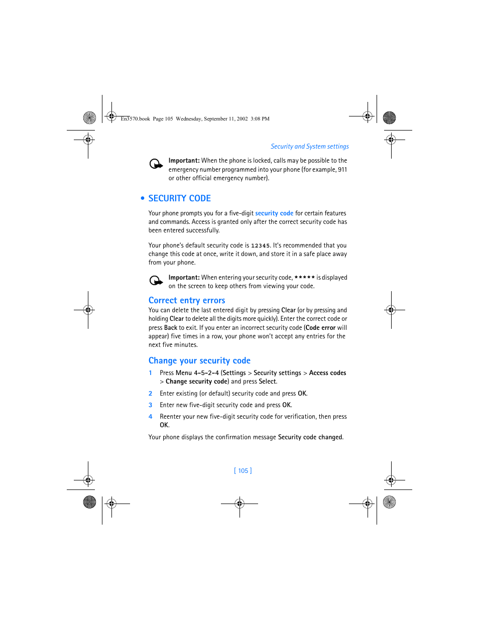 Security code, Correct entry errors, Change your security code | Nokia 3570 User Manual | Page 113 / 192