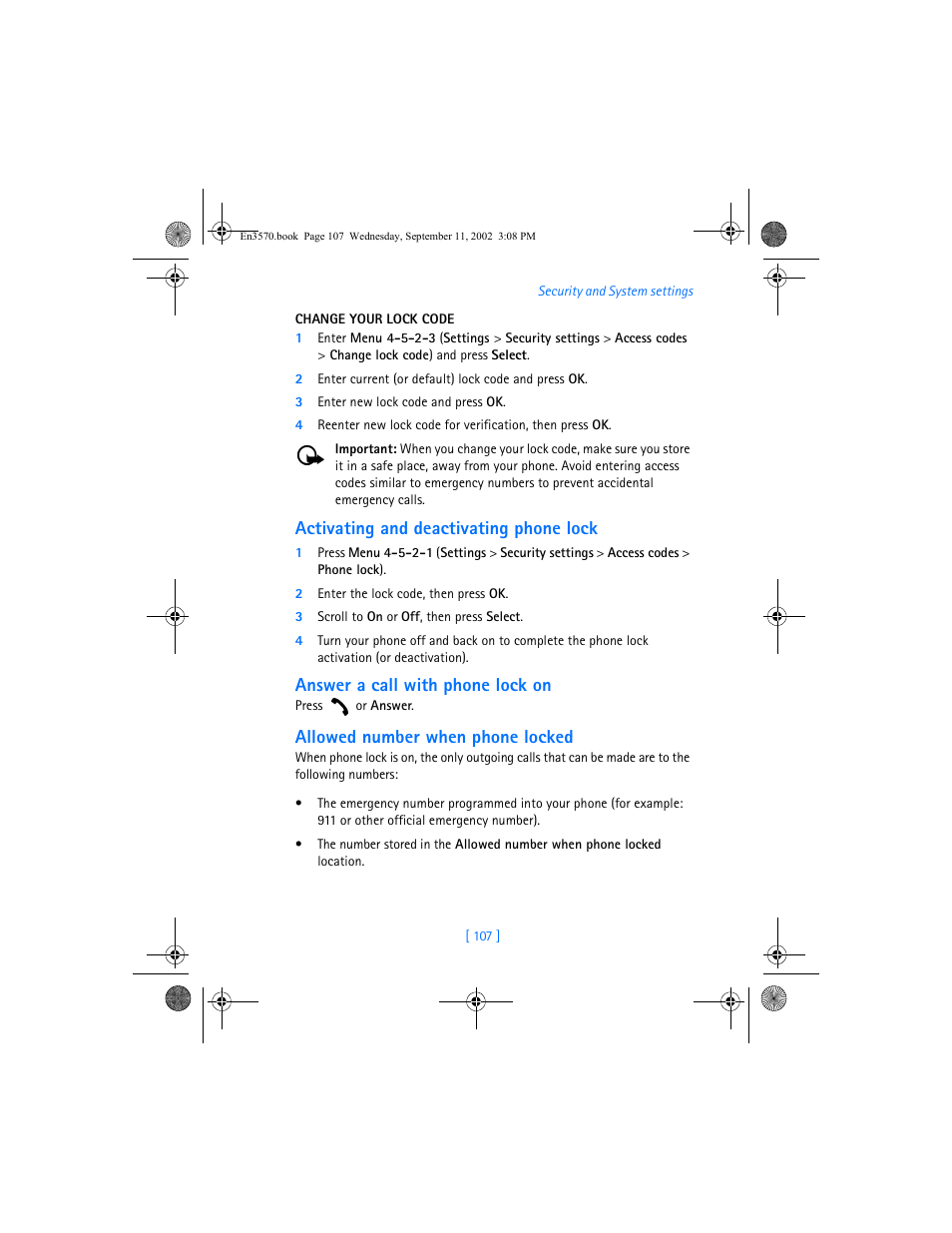 Activating and deactivating phone lock, Answer a call with phone lock on, Allowed number when phone locked | Nokia 3570 User Manual | Page 115 / 192