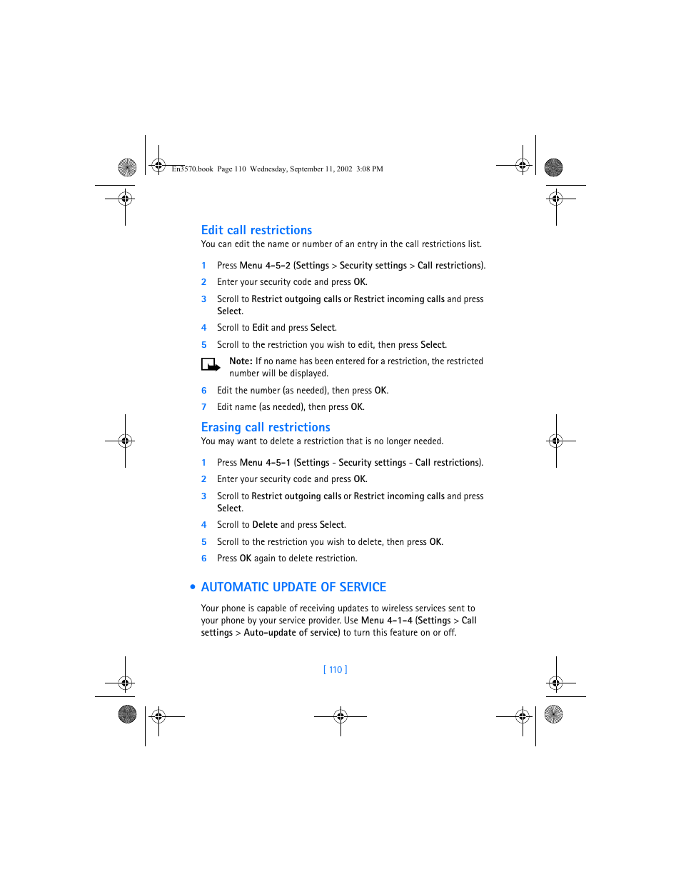 Edit call restrictions, Erasing call restrictions, Automatic update of service | Nokia 3570 User Manual | Page 118 / 192