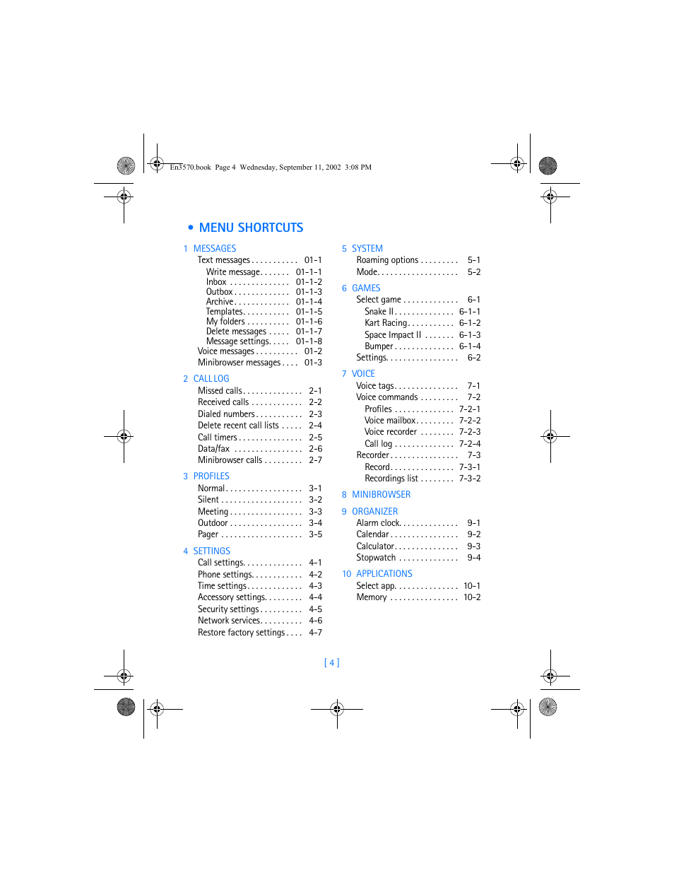 Menu shortcuts | Nokia 3570 User Manual | Page 12 / 192