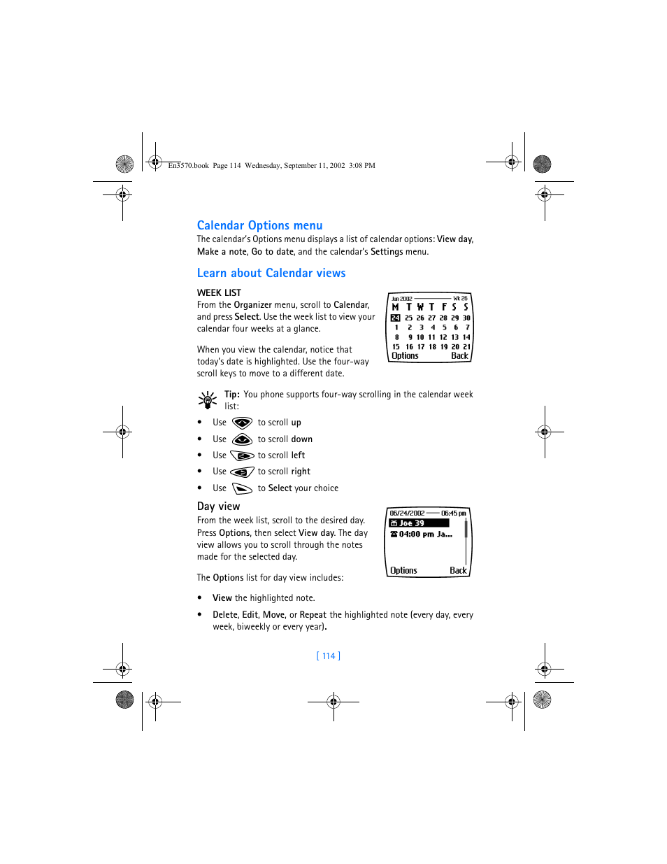 Calendar options menu, Learn about calendar views | Nokia 3570 User Manual | Page 122 / 192