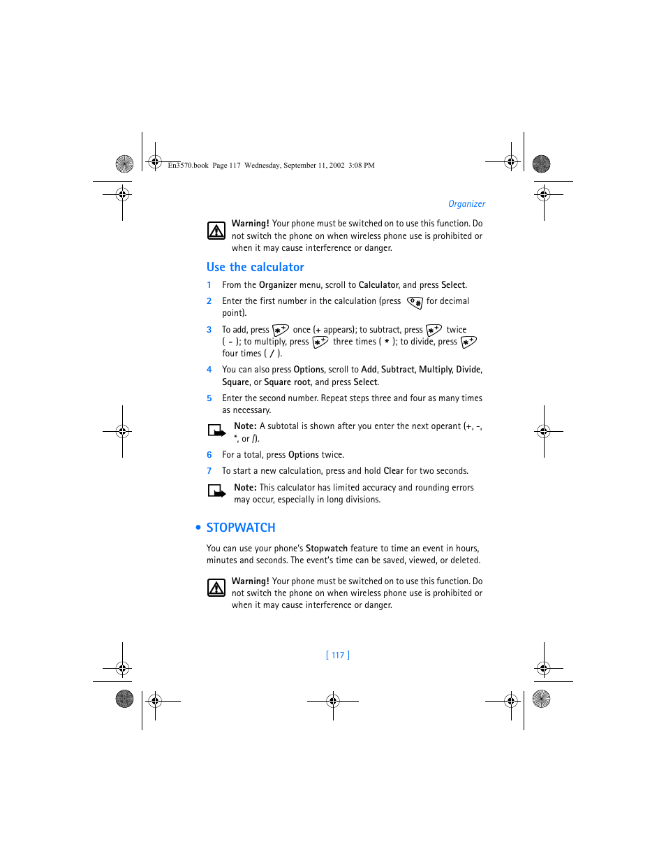 Use the calculator, Stopwatch | Nokia 3570 User Manual | Page 125 / 192