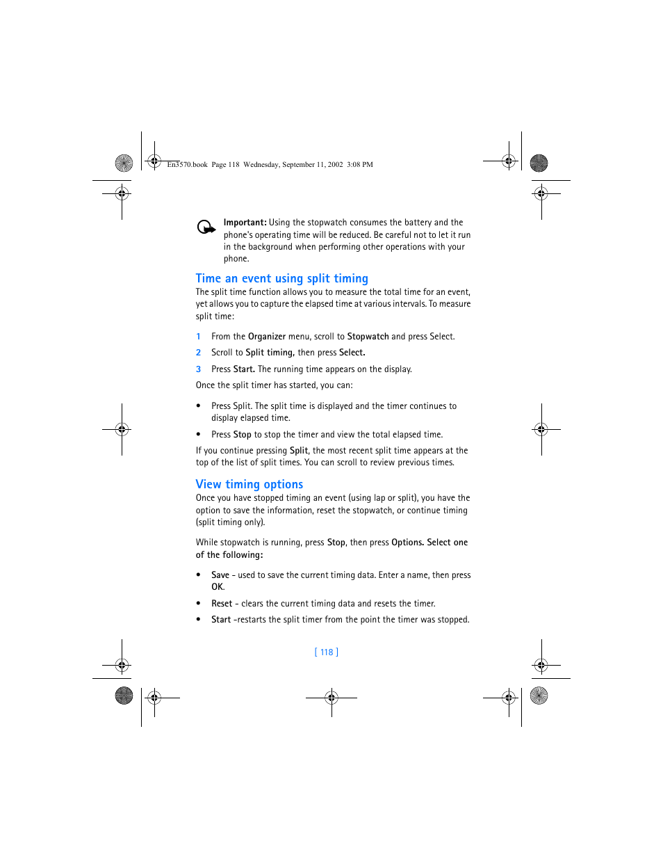 Time an event using split timing, View timing options | Nokia 3570 User Manual | Page 126 / 192