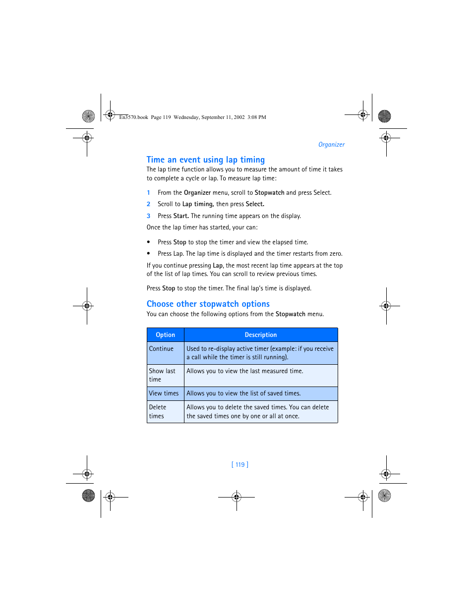 Time an event using lap timing, Choose other stopwatch options | Nokia 3570 User Manual | Page 127 / 192