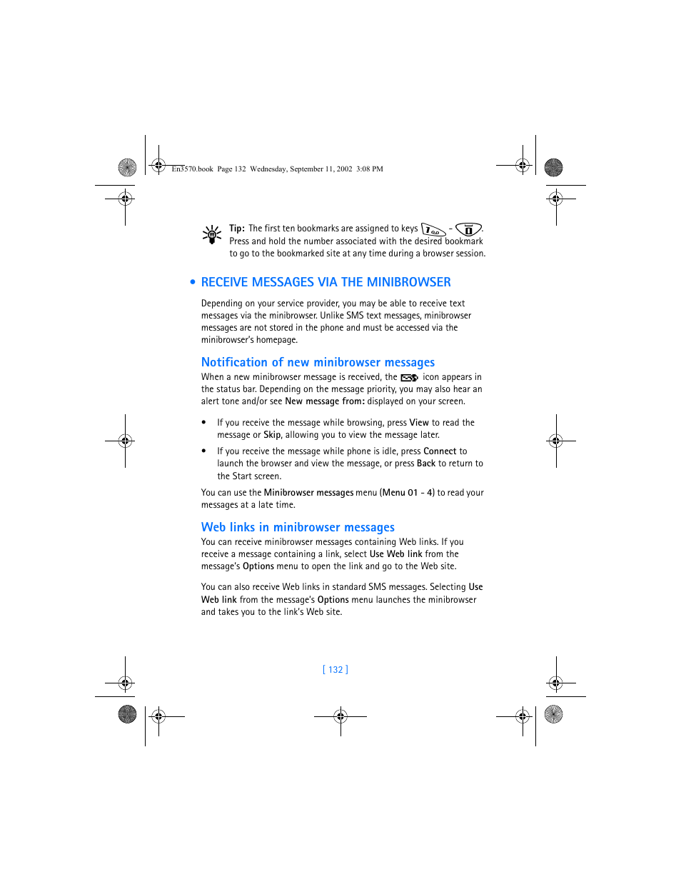 Receive messages via the minibrowser, Notification of new minibrowser messages, Web links in minibrowser messages | Nokia 3570 User Manual | Page 140 / 192