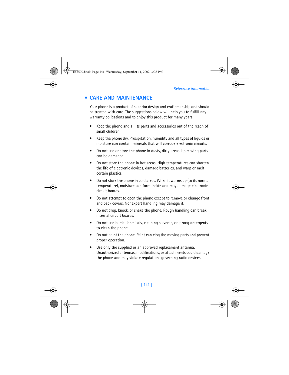 Care and maintenance | Nokia 3570 User Manual | Page 149 / 192