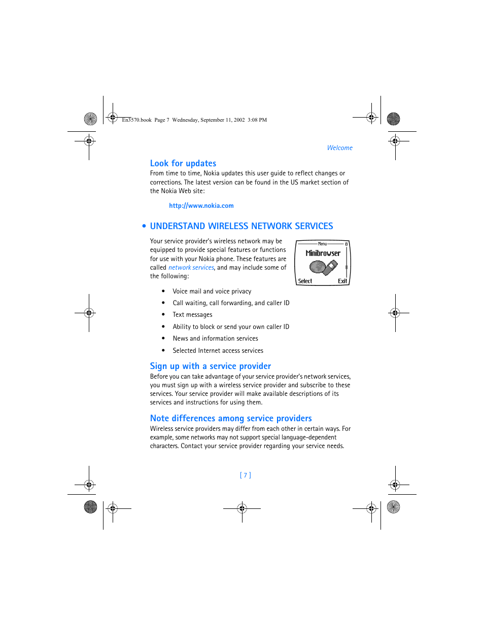 Look for updates, Understand wireless network services, Sign up with a service provider | Nokia 3570 User Manual | Page 15 / 192