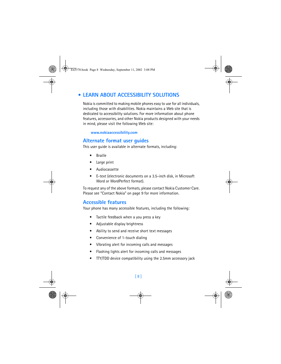 Learn about accessibility solutions, Alternate format user guides, Accessible features | Nokia 3570 User Manual | Page 16 / 192