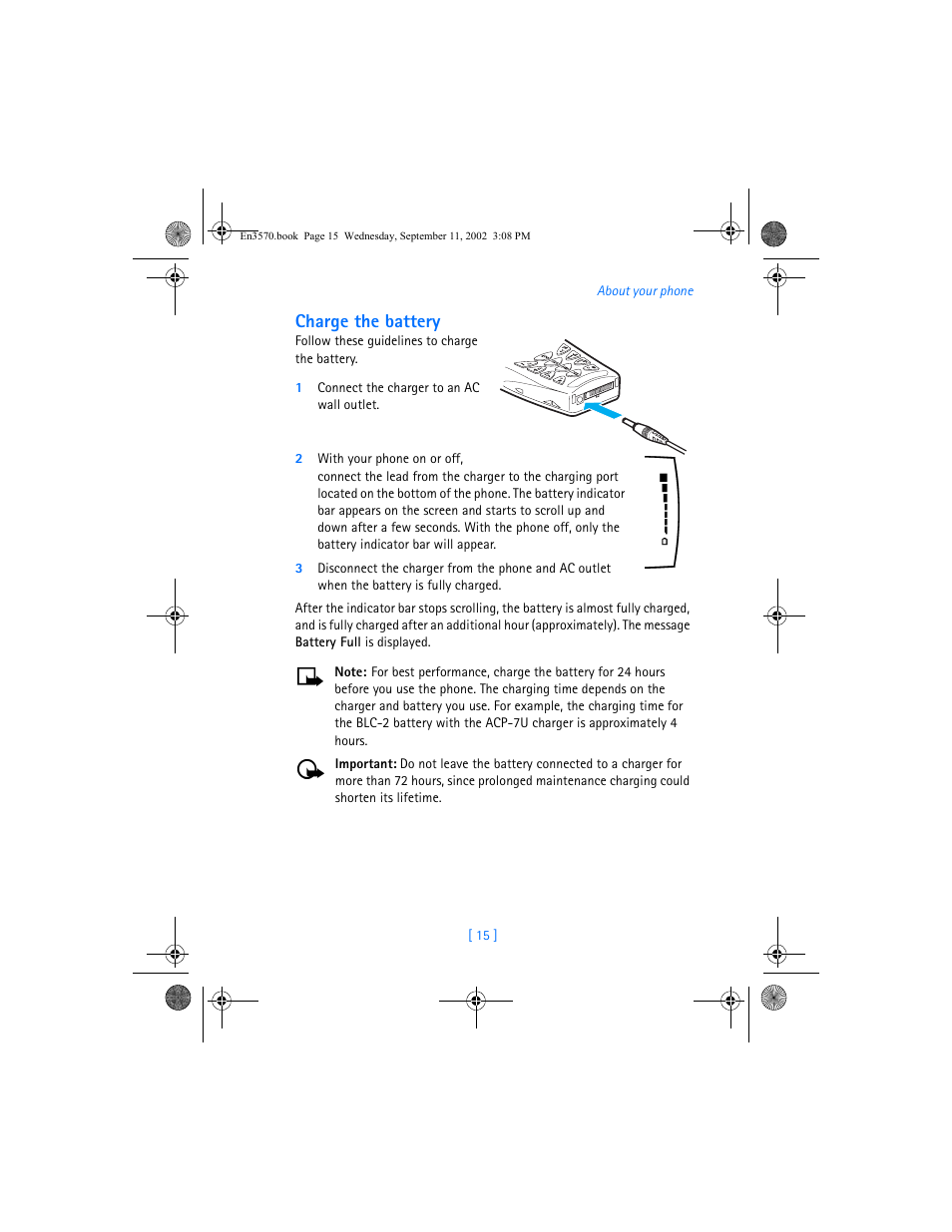 Charge the battery | Nokia 3570 User Manual | Page 23 / 192