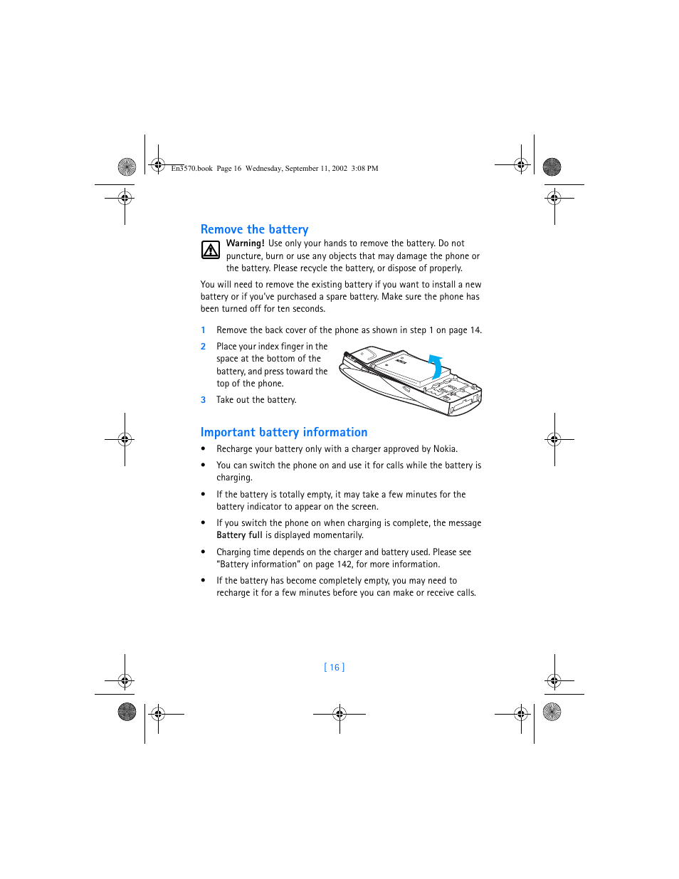 Remove the battery, Important battery information | Nokia 3570 User Manual | Page 24 / 192