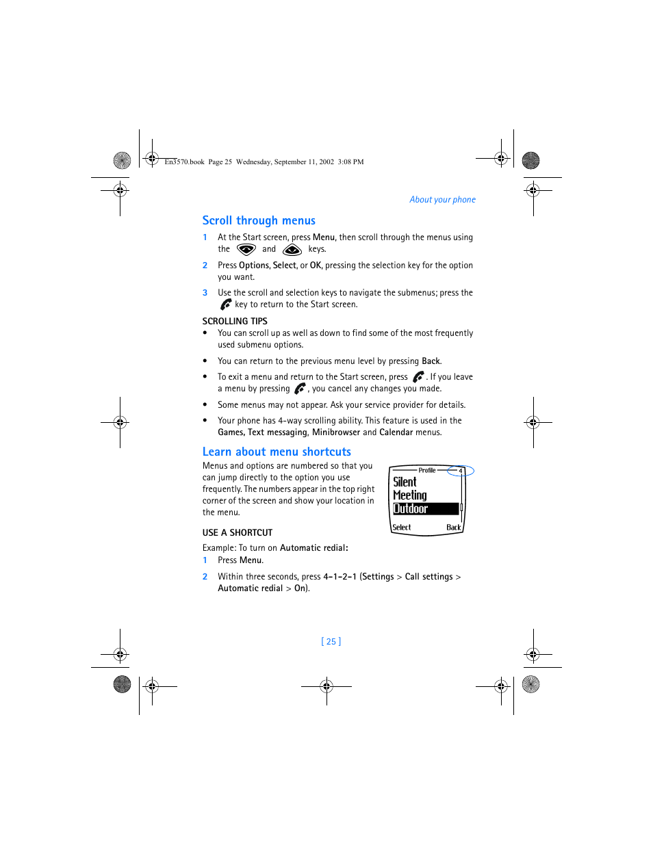 Scroll through menus, Learn about menu shortcuts | Nokia 3570 User Manual | Page 33 / 192