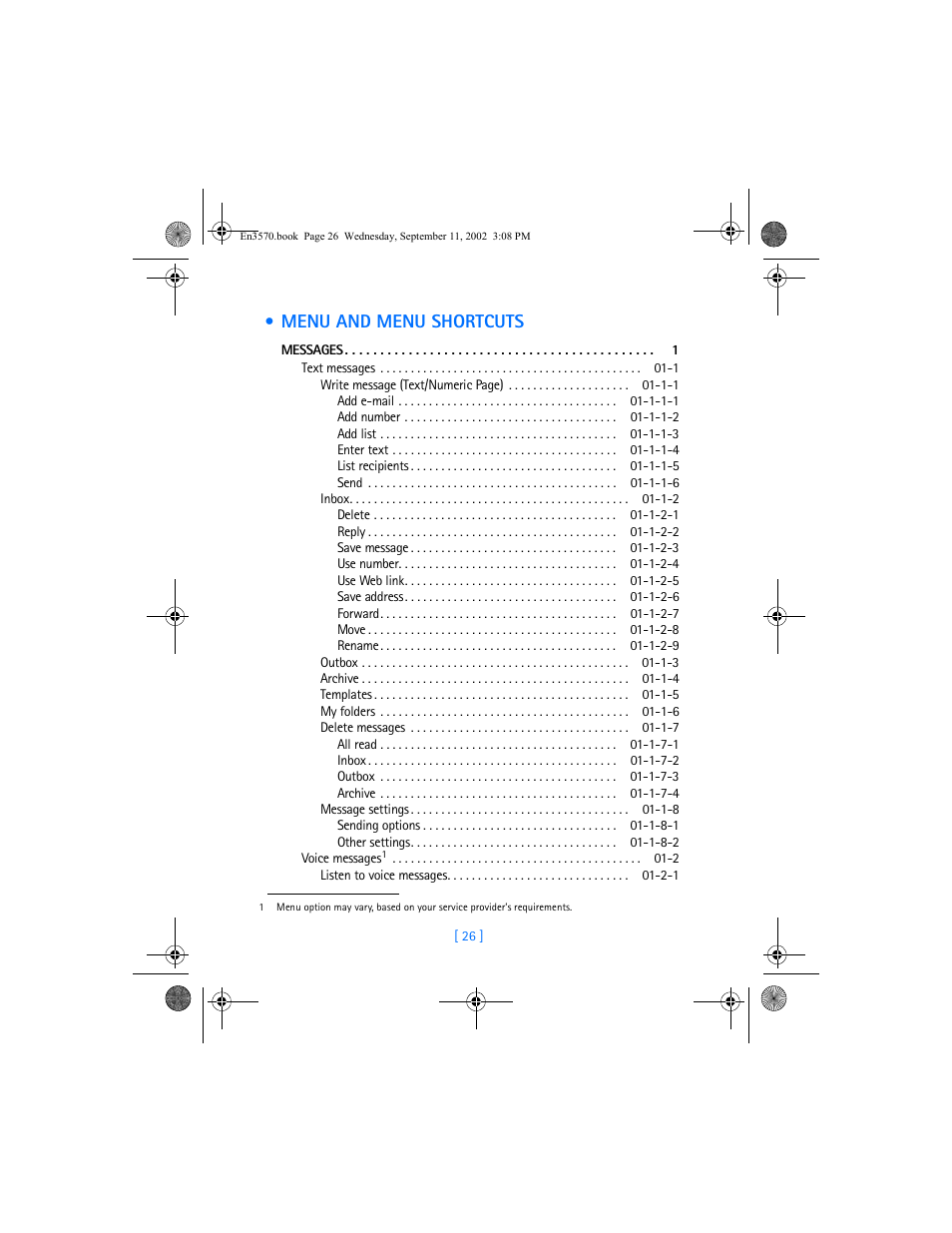 Menu and menu shortcuts | Nokia 3570 User Manual | Page 34 / 192