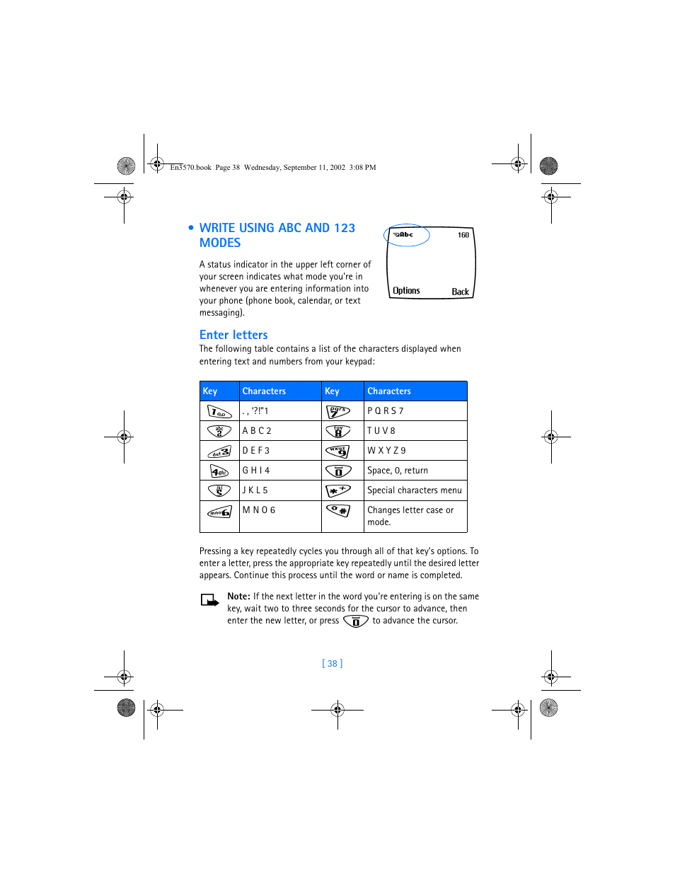 Write using abc and 123 modes, Enter letters | Nokia 3570 User Manual | Page 46 / 192