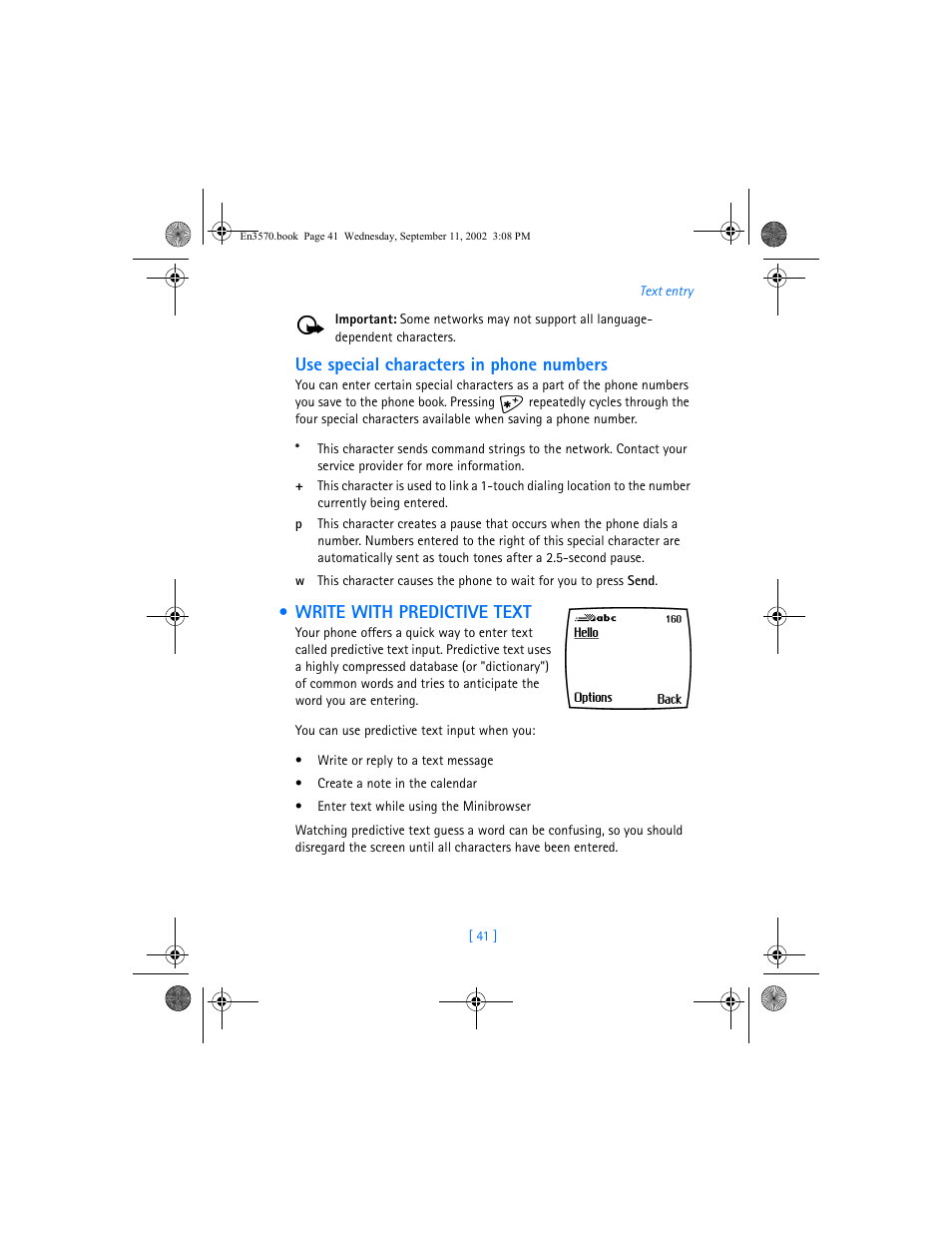 Use special characters in phone numbers, Write with predictive text | Nokia 3570 User Manual | Page 49 / 192