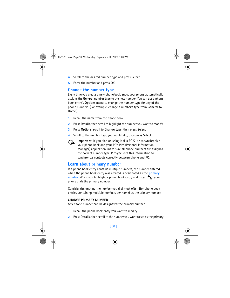 Change the number type, Learn about primary number | Nokia 3570 User Manual | Page 58 / 192