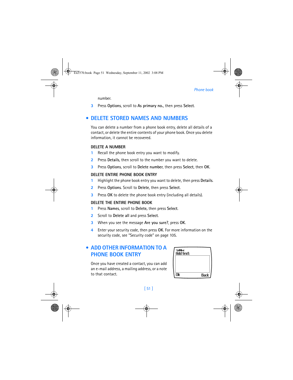 Delete stored names and numbers, Add other information to a phone book entry | Nokia 3570 User Manual | Page 59 / 192