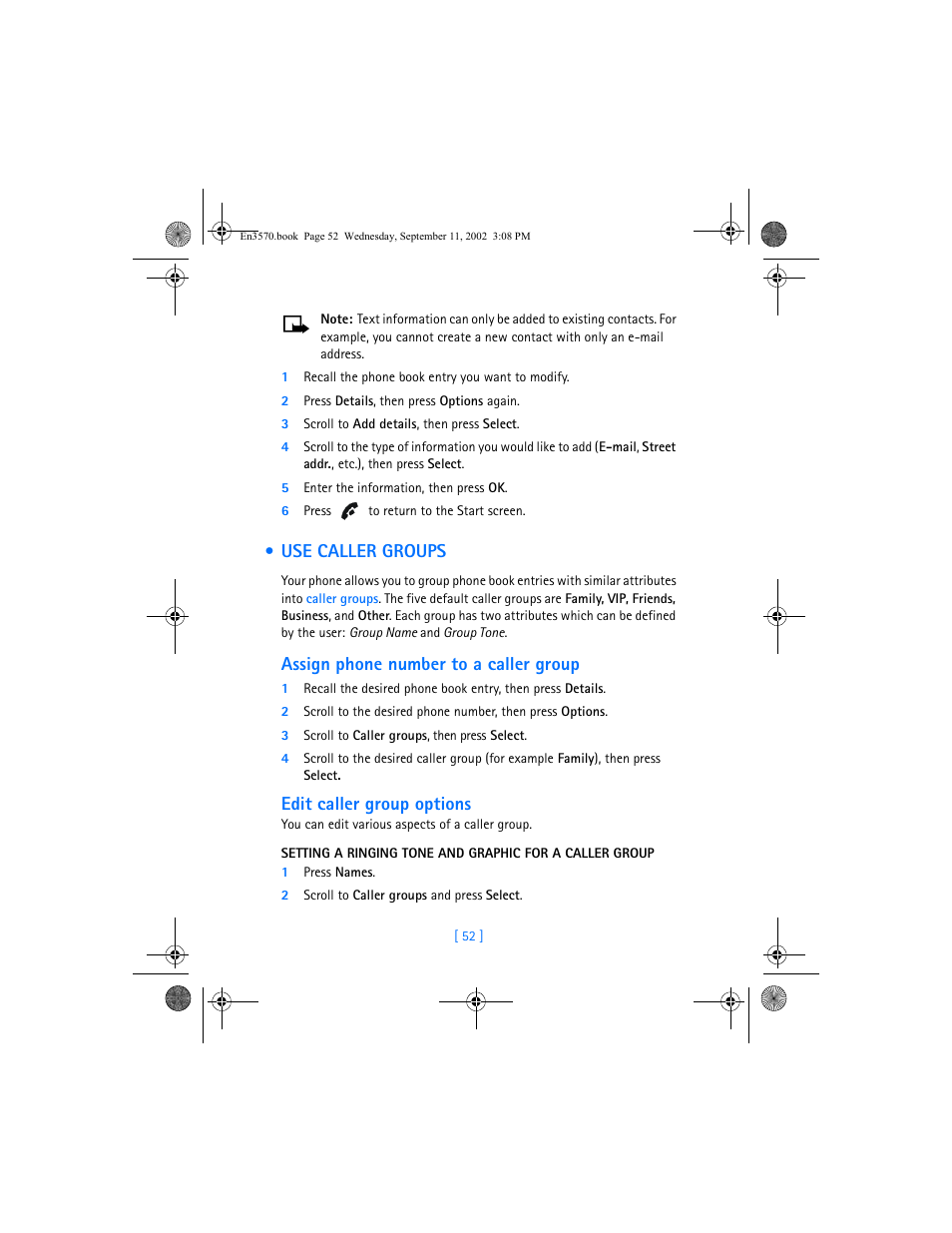 Use caller groups, Assign phone number to a caller group, Edit caller group options | Nokia 3570 User Manual | Page 60 / 192