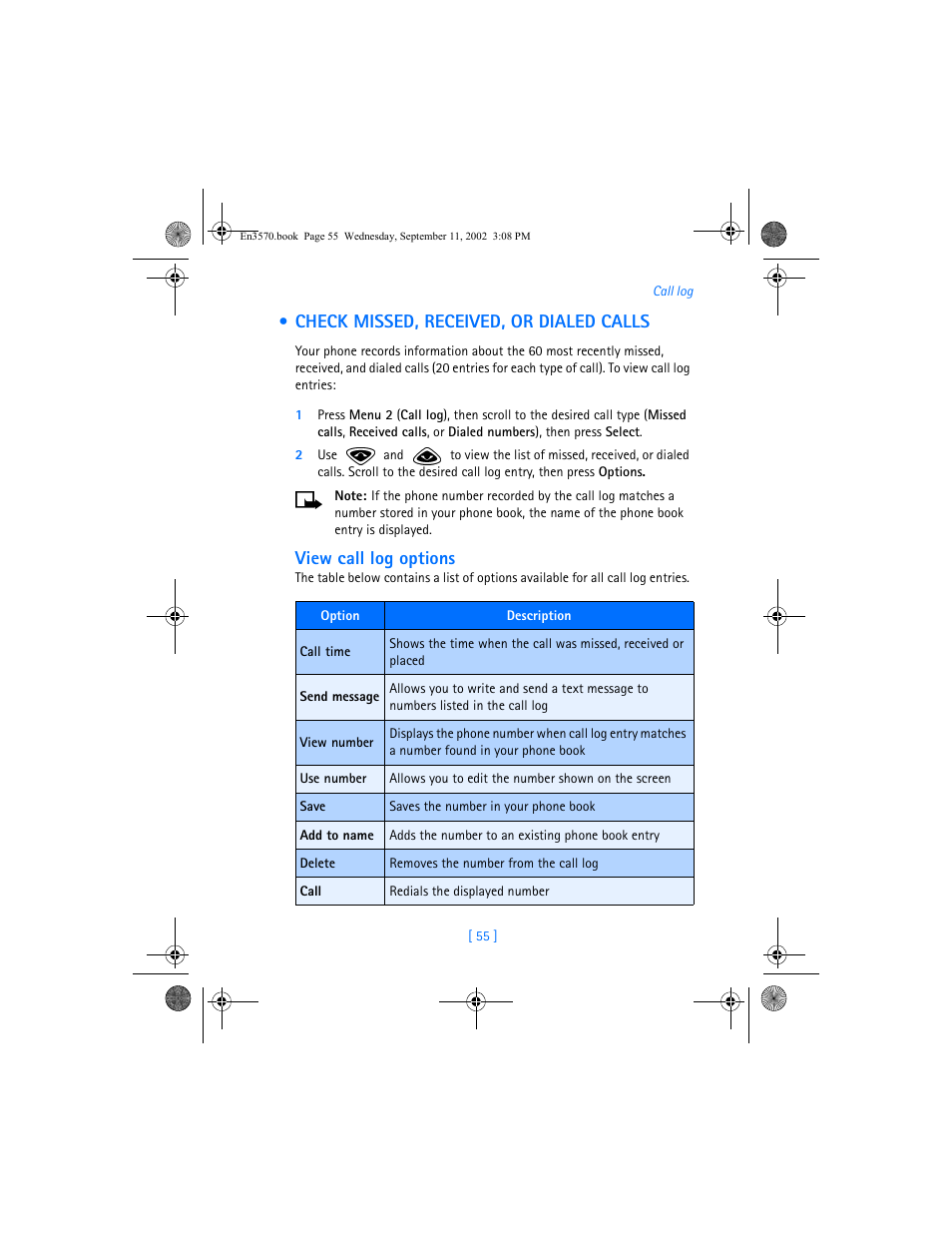 Check missed, received, or dialed calls, View call log options | Nokia 3570 User Manual | Page 63 / 192