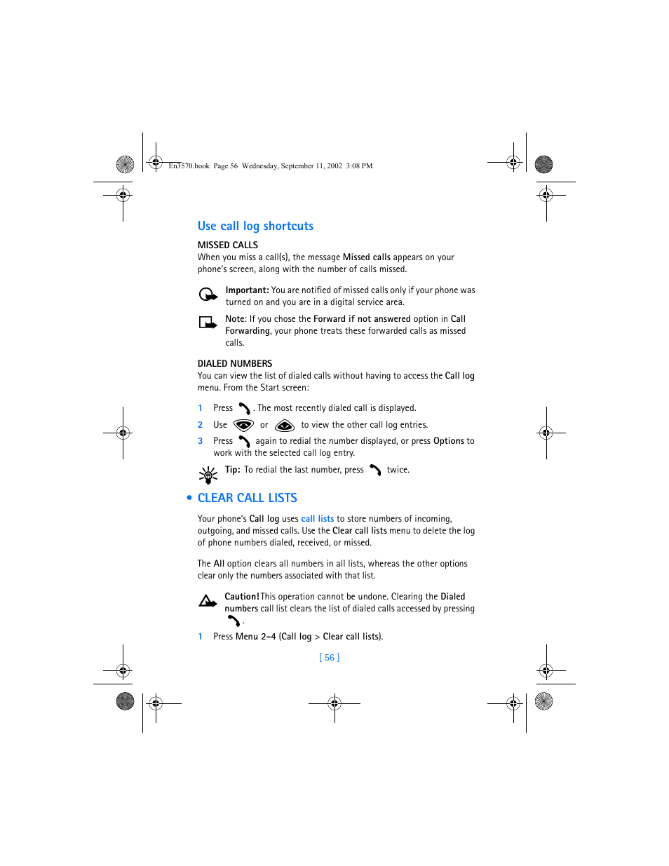 Use call log shortcuts, Clear call lists | Nokia 3570 User Manual | Page 64 / 192