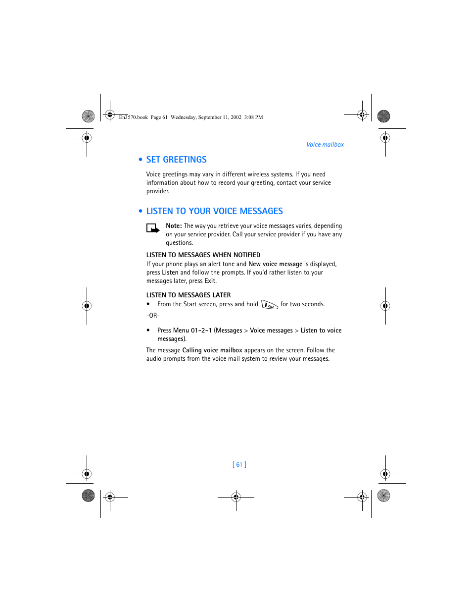 Set greetings, Listen to your voice messages | Nokia 3570 User Manual | Page 69 / 192