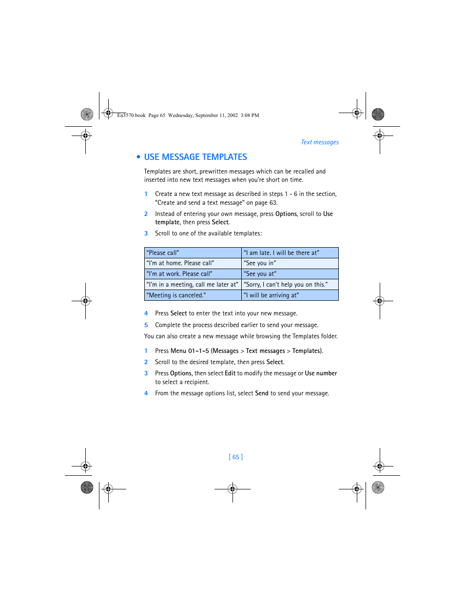 Use message templates | Nokia 3570 User Manual | Page 73 / 192