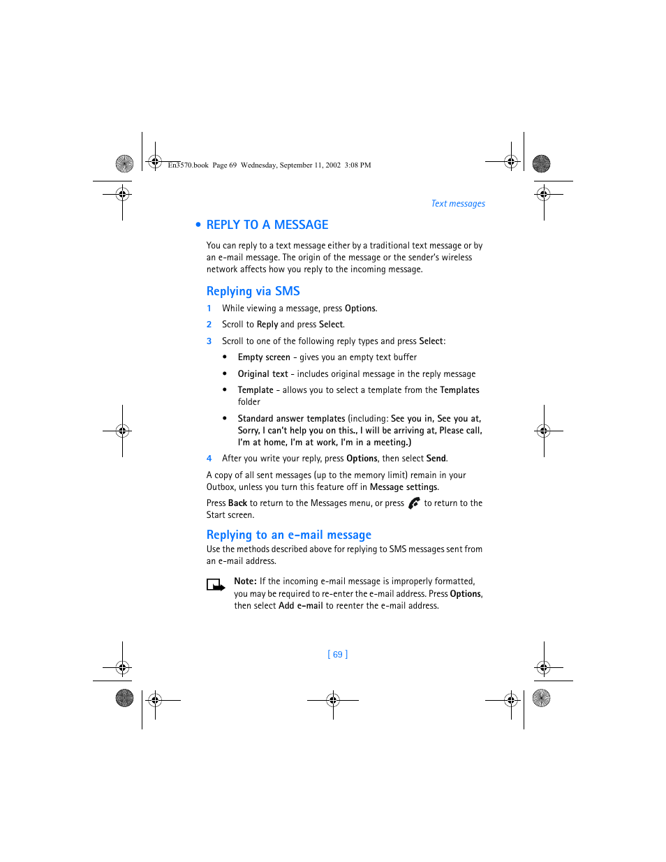 Reply to a message, Replying via sms, Replying to an e-mail message | Nokia 3570 User Manual | Page 77 / 192