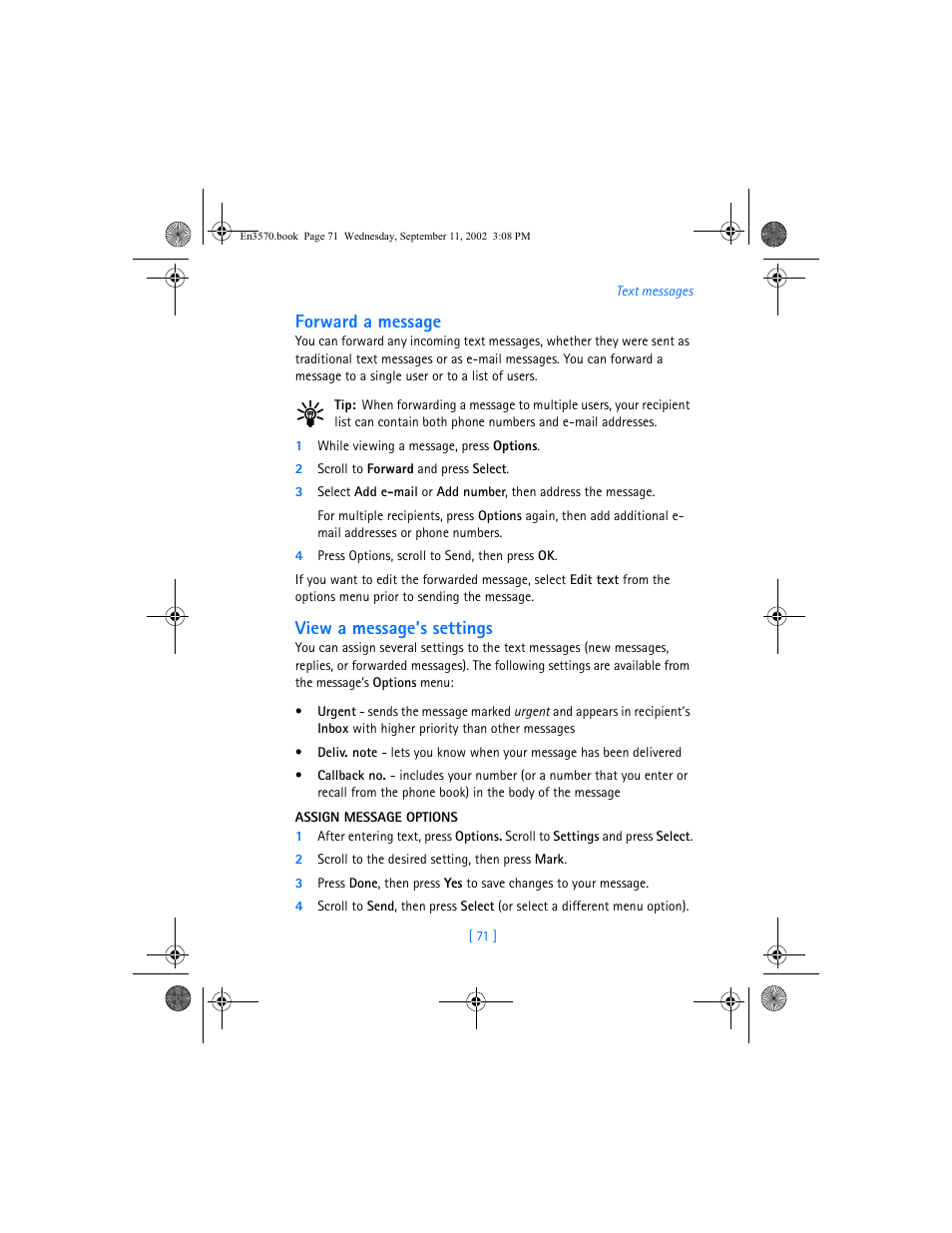 Forward a message, View a message’s settings | Nokia 3570 User Manual | Page 79 / 192