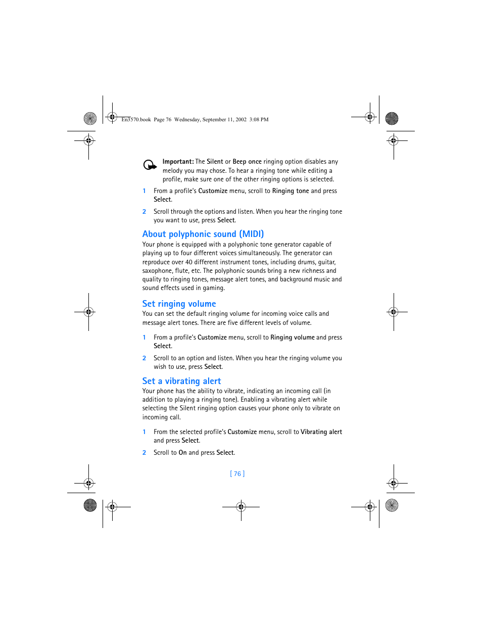 About polyphonic sound (midi), Set ringing volume, Set a vibrating alert | Nokia 3570 User Manual | Page 84 / 192