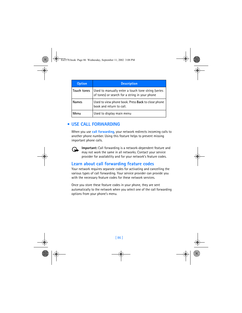 Use call forwarding, Learn about call forwarding feature codes | Nokia 3570 User Manual | Page 94 / 192