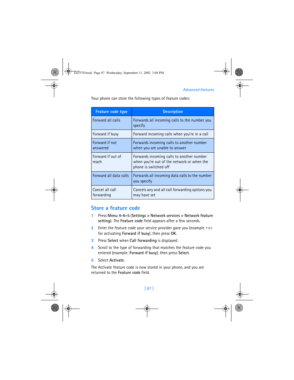 Store a feature code | Nokia 3570 User Manual | Page 95 / 192