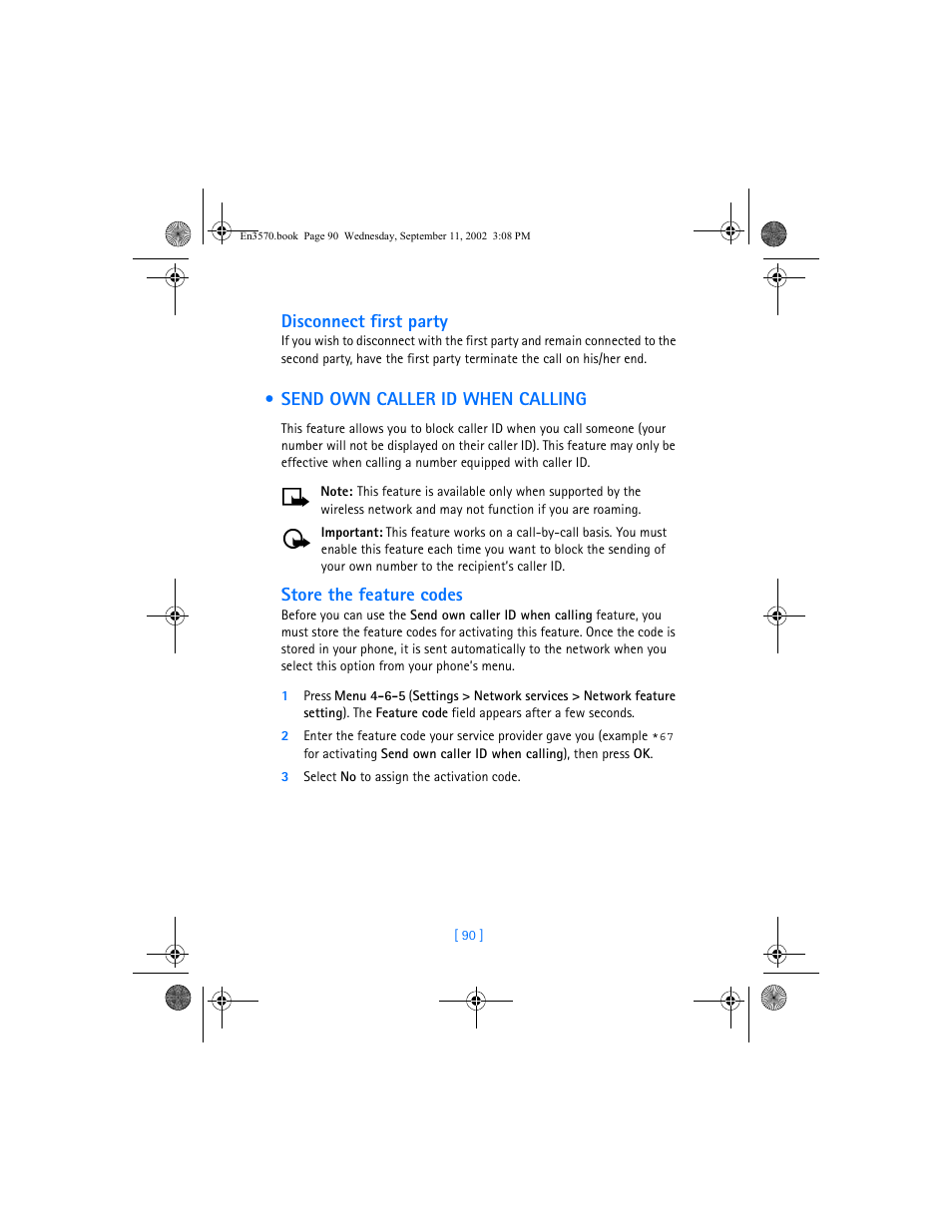 Disconnect first party, Send own caller id when calling, Store the feature codes | Nokia 3570 User Manual | Page 98 / 192